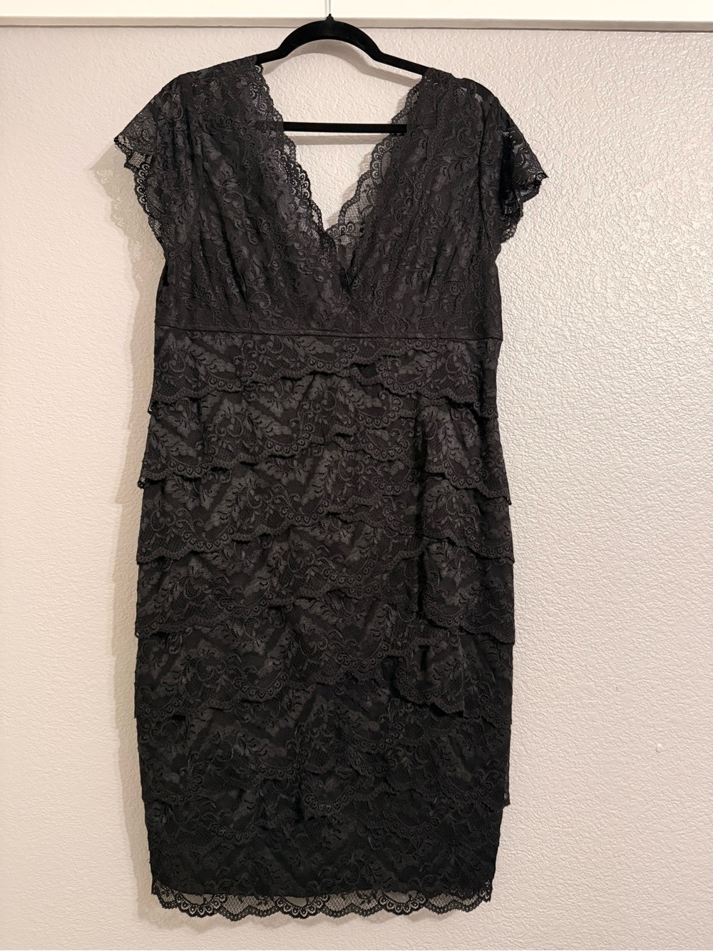 S.L. Fashions Black Lace V-Neck Tiered Midi Dress